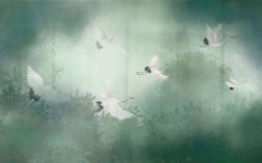 Tapet personalizat zen oriental cu peisaj in ceata verde cu cocori foggy green cranes