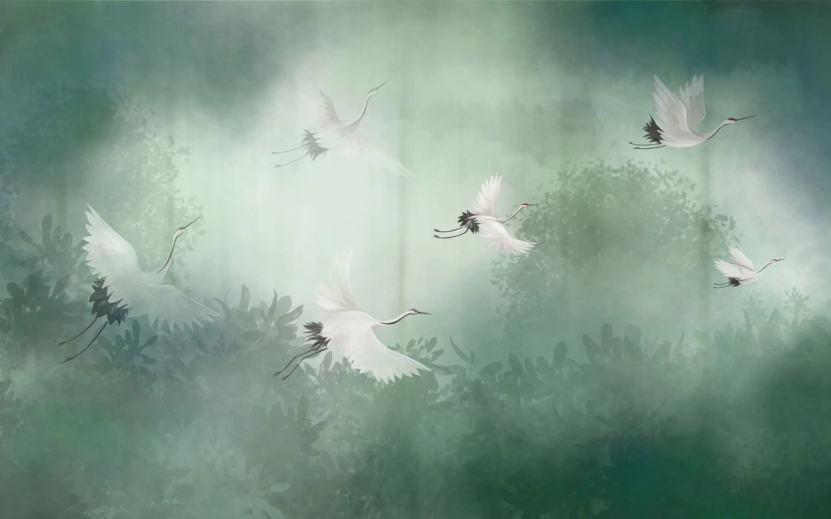 Tapet personalizat zen oriental cu peisaj in ceata verde cu cocori foggy green cranes