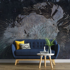 Tapet personalizat zen oriental cu model oriental cu lebede pe fundal inchis black swans