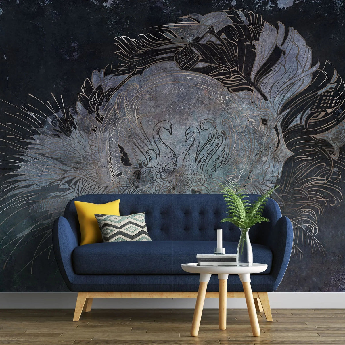 Tapet personalizat zen oriental cu model oriental cu lebede pe fundal inchis black swans