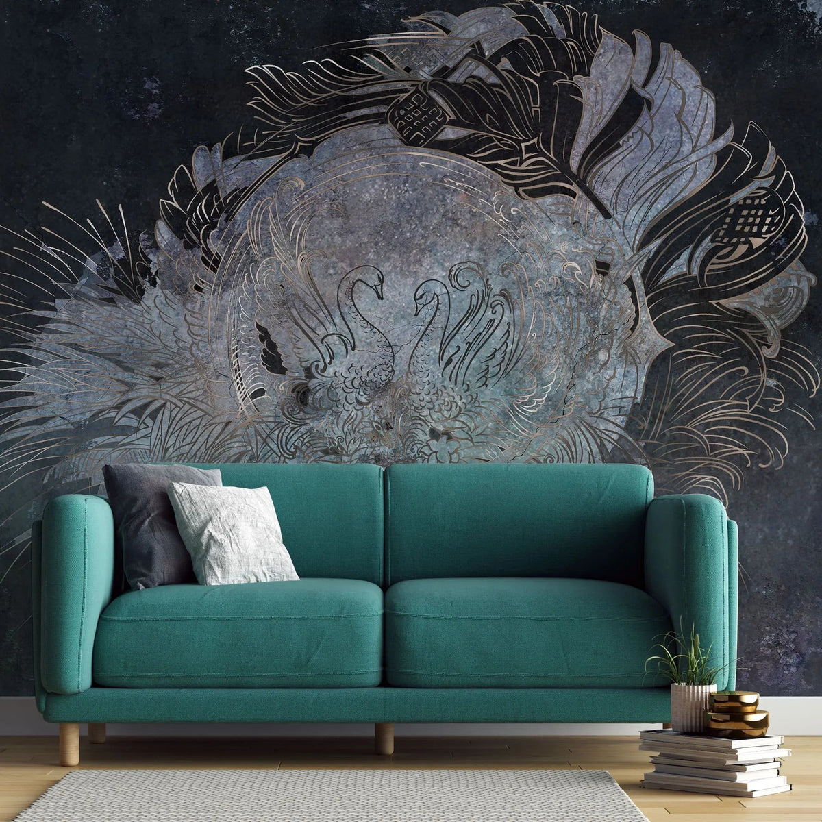 Tapet personalizat zen oriental cu model oriental cu lebede pe fundal inchis black swans