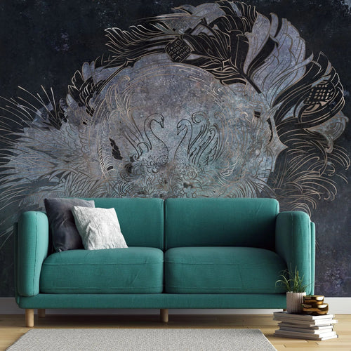 Tapet personalizat zen oriental cu model oriental cu lebede pe fundal inchis black swans