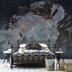 Tapet personalizat zen oriental cu model oriental cu lebede pe fundal inchis black swans