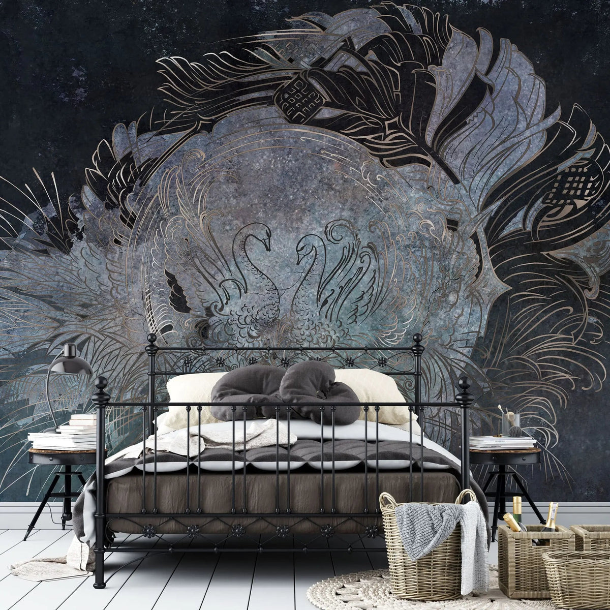 Tapet personalizat zen oriental cu model oriental cu lebede pe fundal inchis black swans