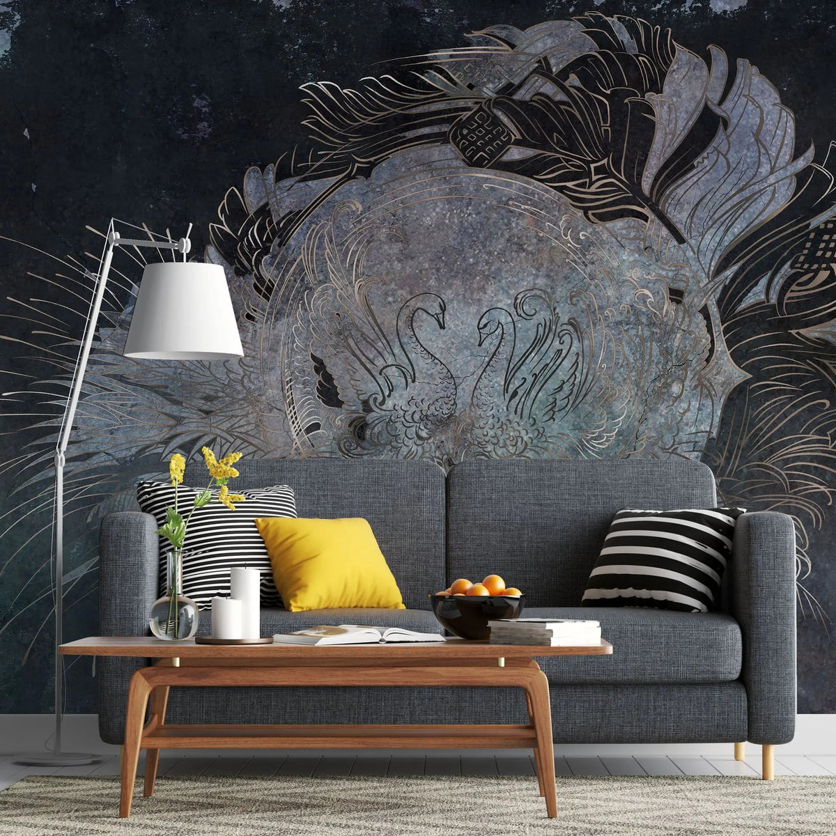 Tapet personalizat zen oriental cu model oriental cu lebede pe fundal inchis black swans