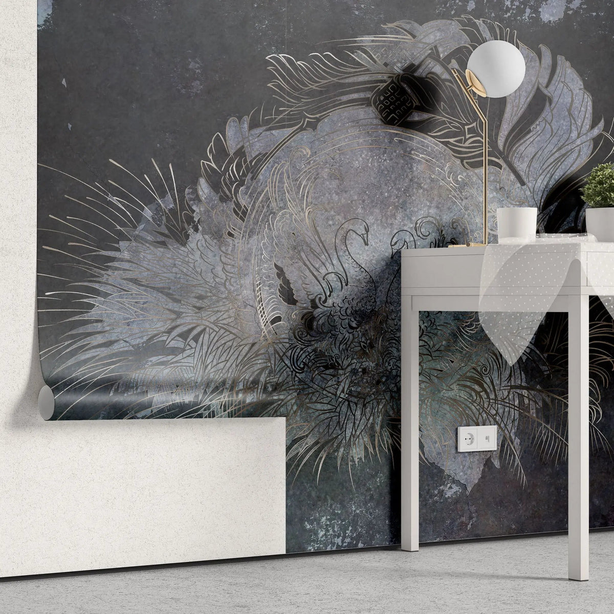 Tapet personalizat zen oriental cu model oriental cu lebede pe fundal inchis black swans