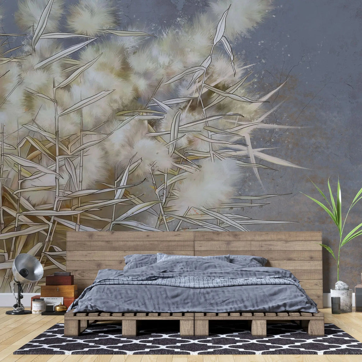 Tapet personalizat zen oriental cu stuf inflorit pe fundal gri albastru grey blue reed