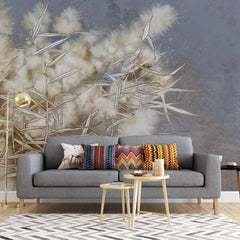 Tapet personalizat zen oriental cu stuf inflorit pe fundal gri albastru grey blue reed