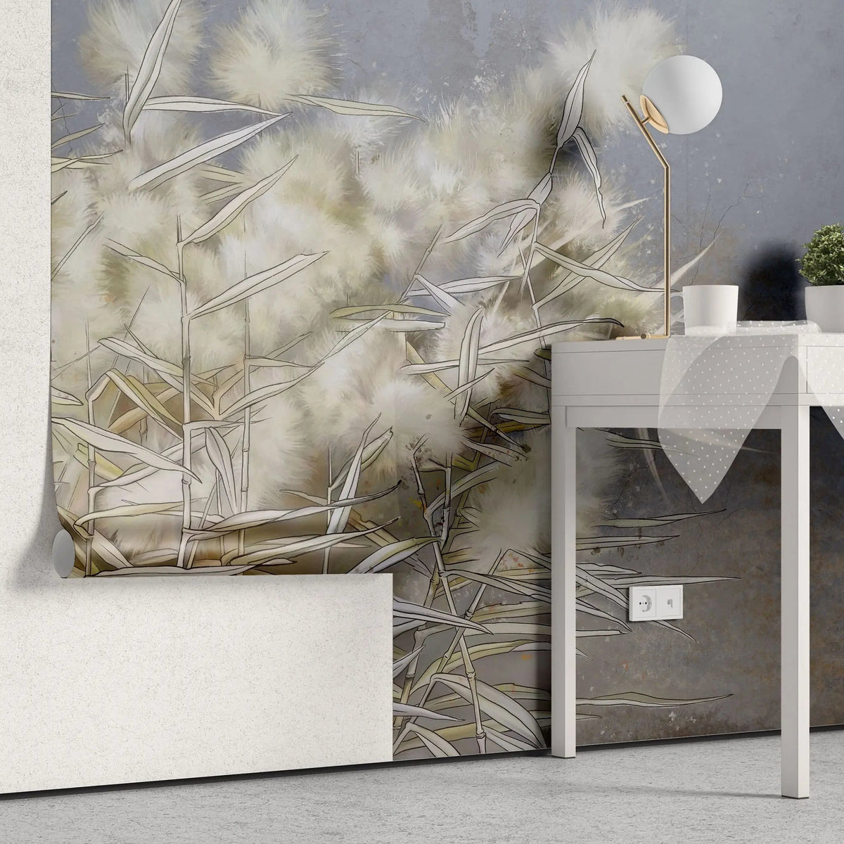 Tapet personalizat zen oriental cu stuf inflorit pe fundal gri albastru grey blue reed