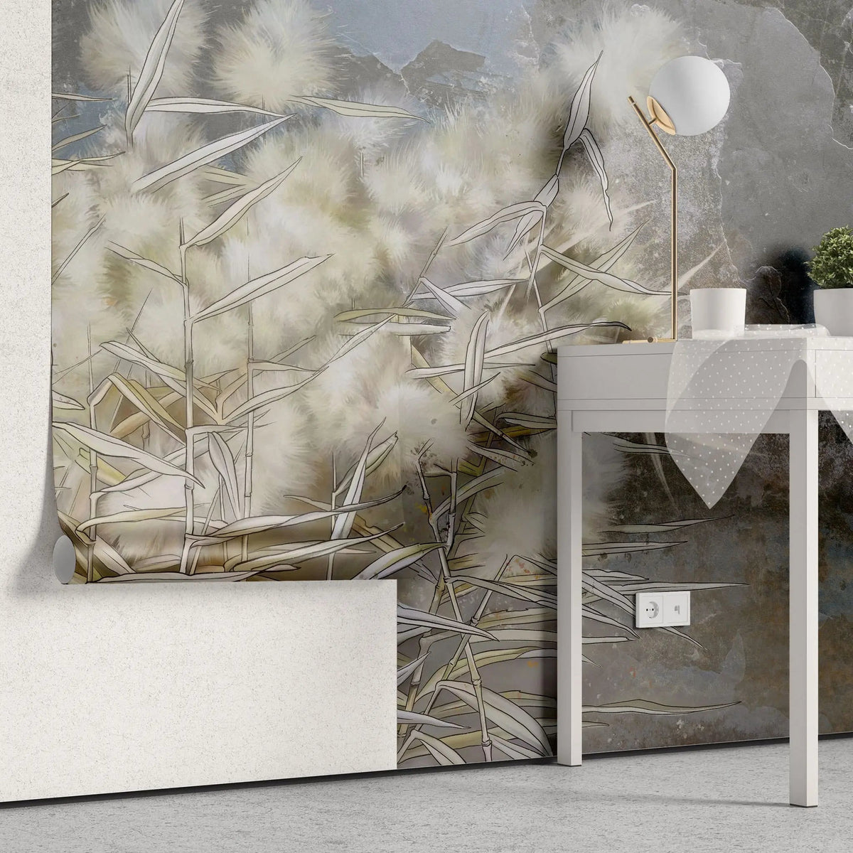 Tapet personalizat zen oriental cu stuf inflorit pe fundal de stanca stone reed
