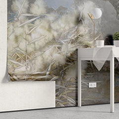 Tapet personalizat zen oriental cu stuf inflorit pe fundal de stanca stone reed