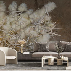 Tapet personalizat zen oriental cu stuf inflorit pe fundal maro brown reed
