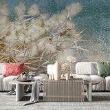 Tapet personalizat zen oriental cu stuf inflorit pe fundal turcoaz turqoise reed