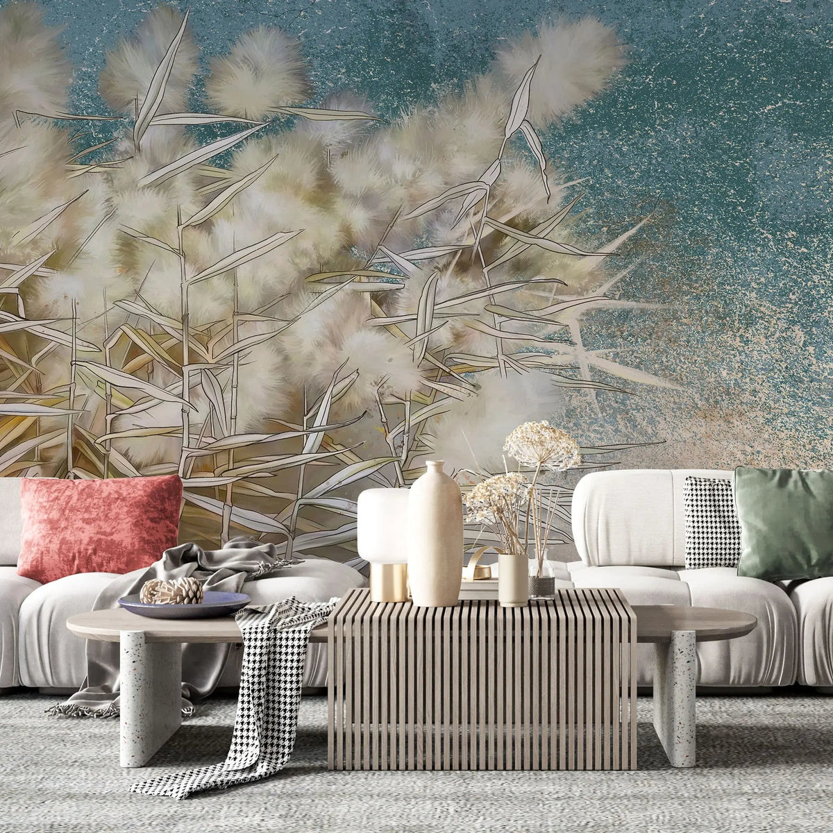 Tapet personalizat zen oriental cu stuf inflorit pe fundal turcoaz turqoise reed
