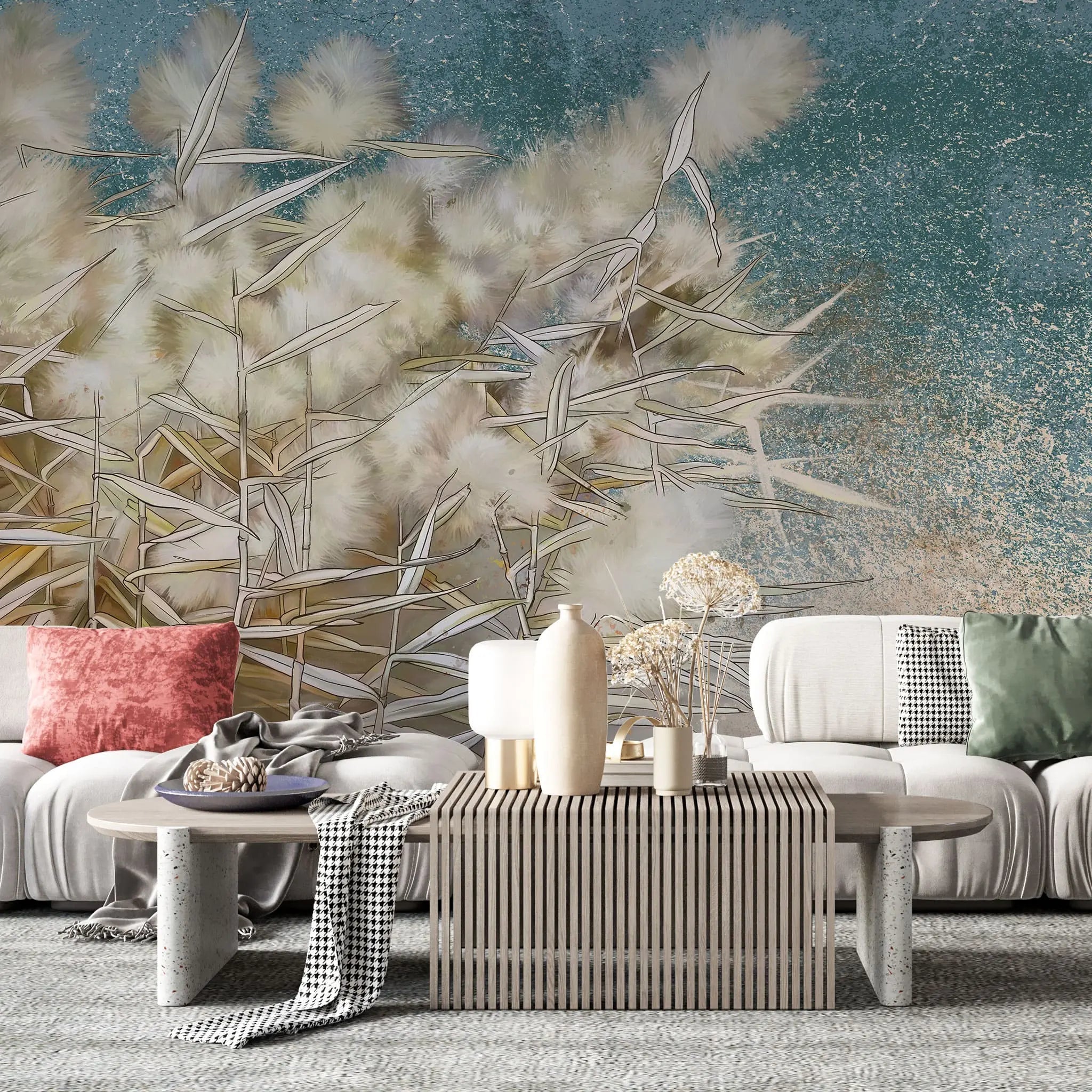 Tapet personalizat zen oriental cu stuf inflorit pe fundal turcoaz turqoise reed