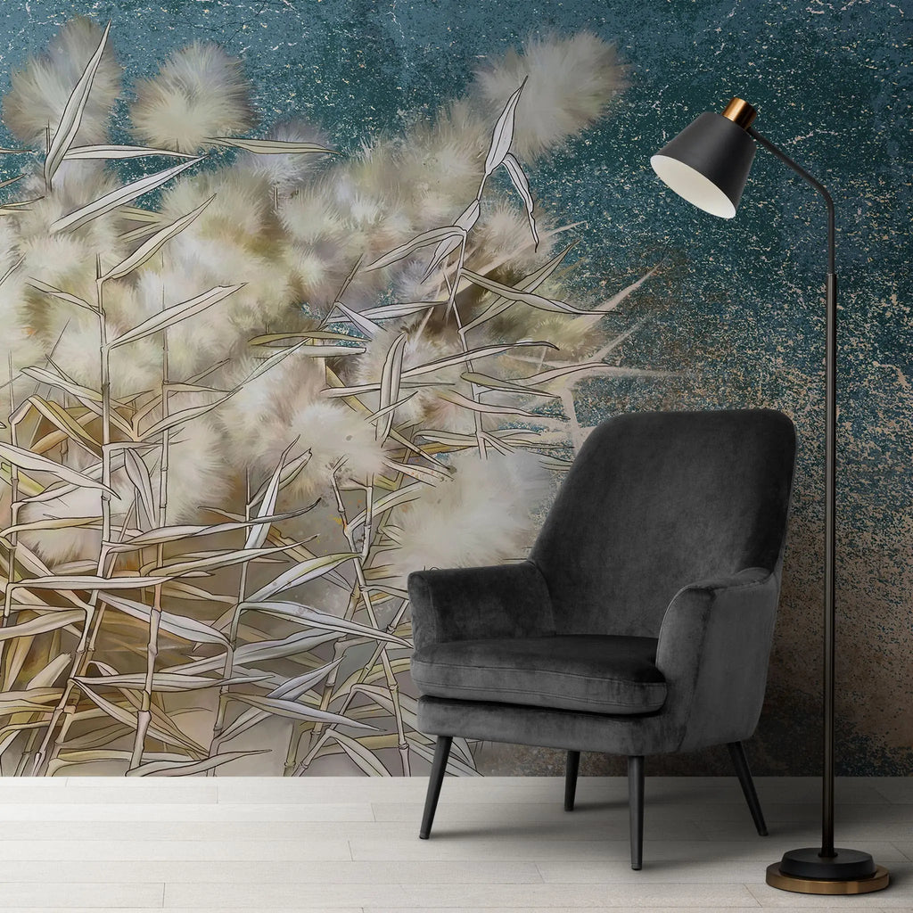 Tapet personalizat zen oriental cu stuf inflorit pe fundal turcoaz turqoise reed