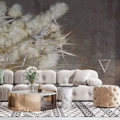 Tapet personalizat zen oriental cu stuf inflorit pe fundal maro inchis dark reed