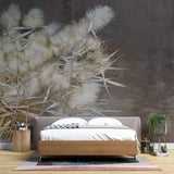 Tapet personalizat zen oriental cu stuf inflorit pe fundal maro inchis dark reed