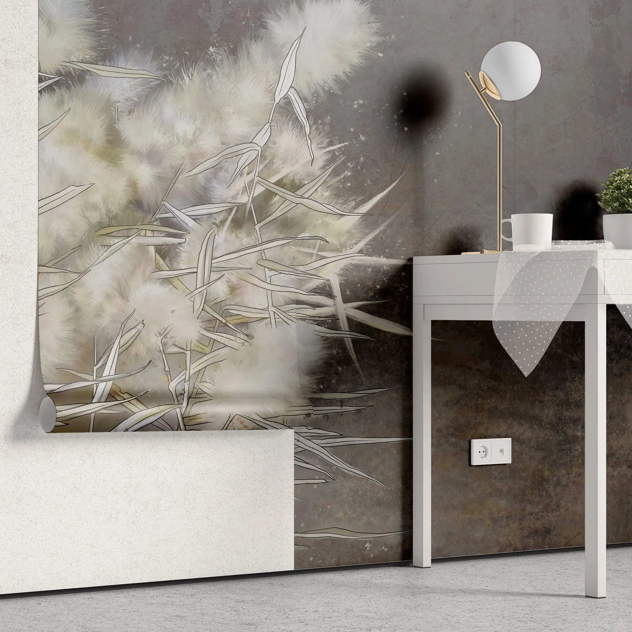 Tapet personalizat zen oriental cu stuf inflorit pe fundal maro inchis dark reed