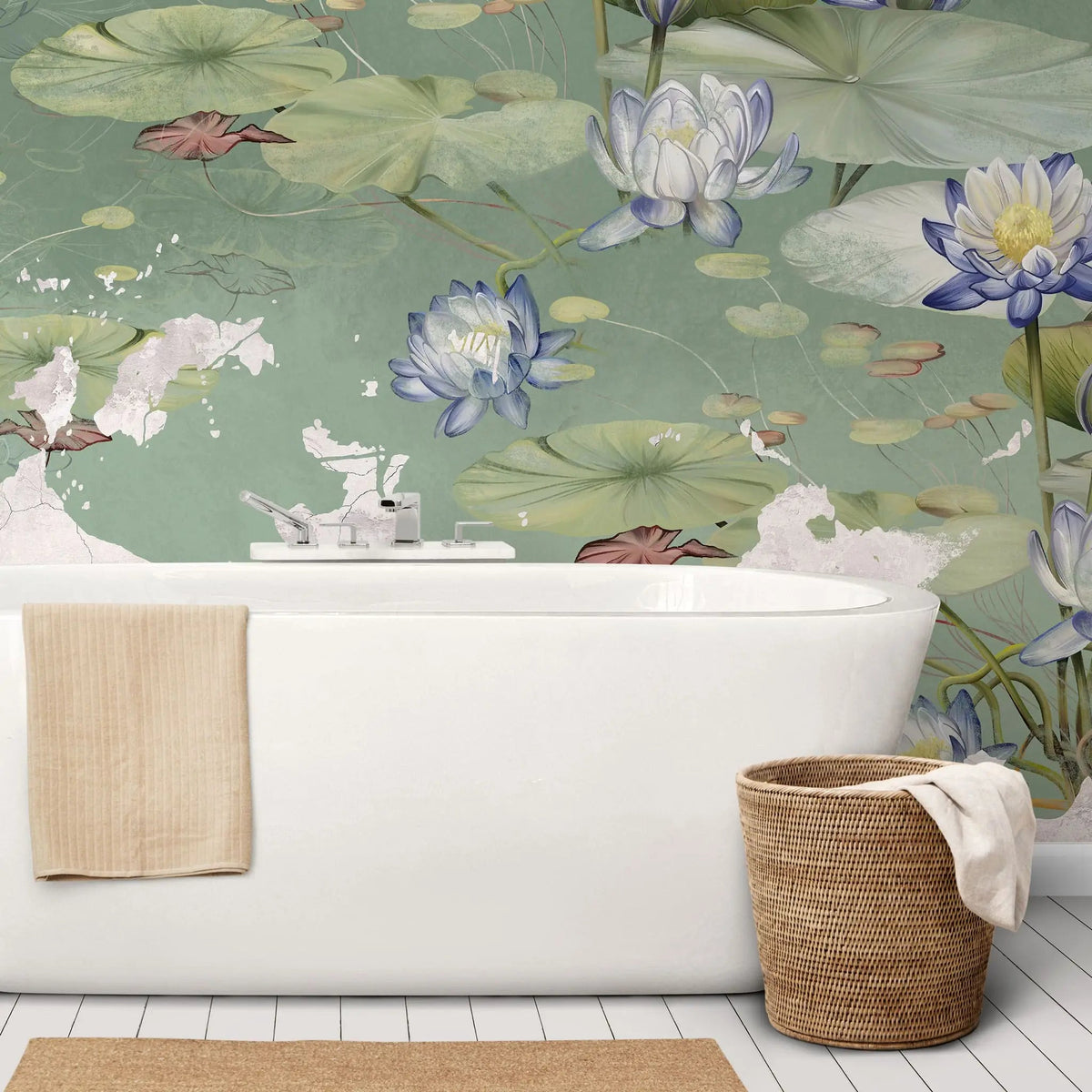 Tapet personalizat zen oriental in stil vintage cu flori de lotys pe fundal verde vintage lotus