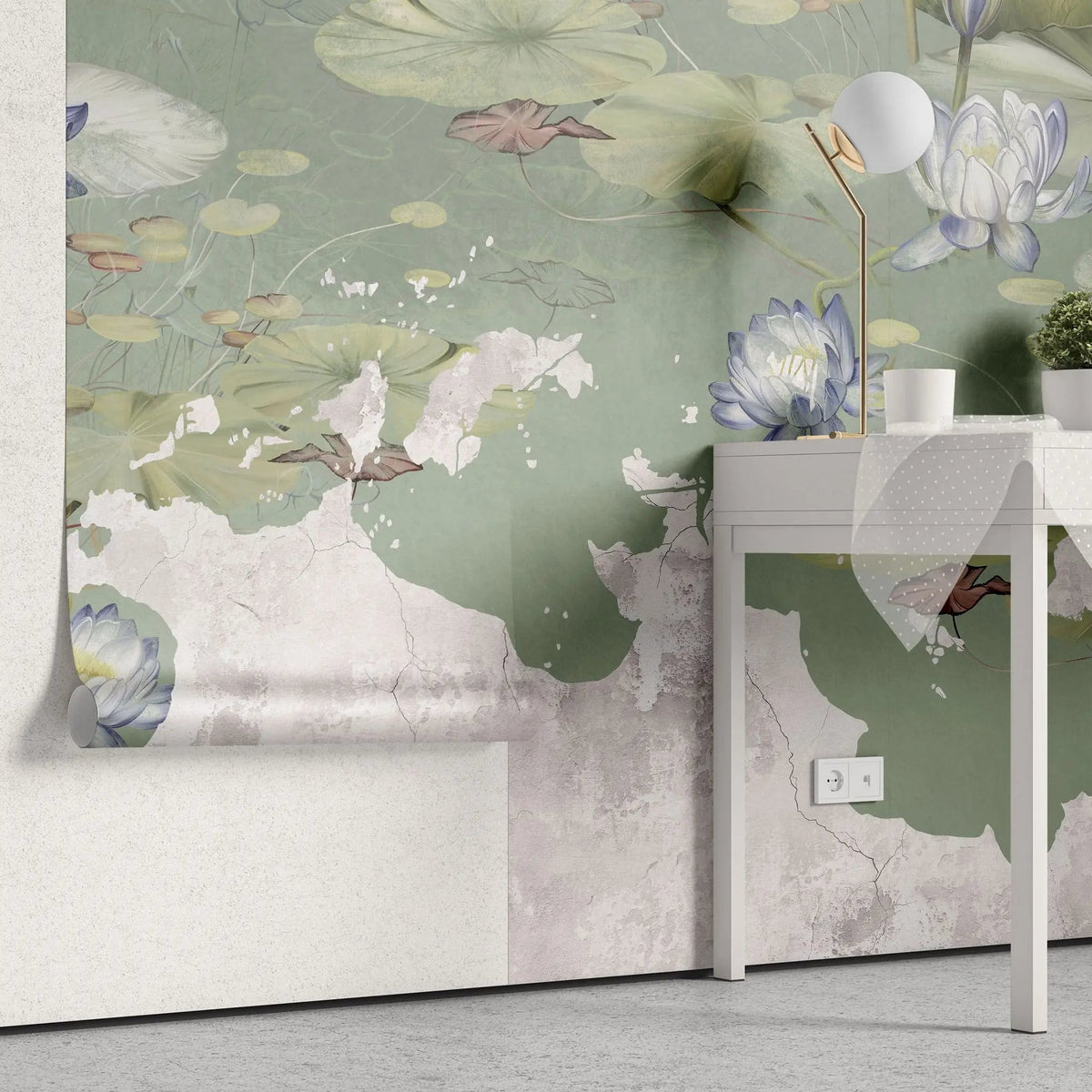 Tapet personalizat zen oriental in stil vintage cu flori de lotys pe fundal verde vintage lotus