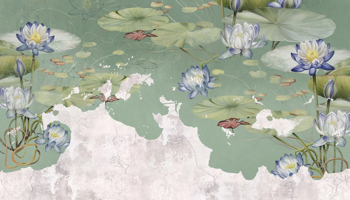 Tapet personalizat zen oriental in stil vintage cu flori de lotys pe fundal verde vintage lotus