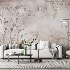 Tapet personalizat zen oriental in stil chinoiserie cu copaci infloriti si flamingo roz flamingo chinoiserie