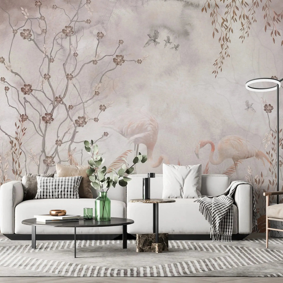 Tapet personalizat zen oriental in stil chinoiserie cu copaci infloriti si flamingo roz flamingo chinoiserie