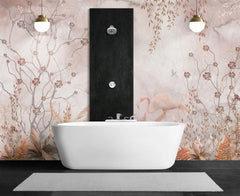 Tapet personalizat zen oriental in stil chinoiserie cu copaci infloriti si flamingo roz flamingo chinoiserie