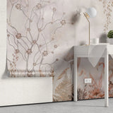 Tapet personalizat zen oriental in stil chinoiserie cu copaci infloriti si flamingo roz flamingo chinoiserie