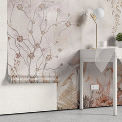Tapet personalizat zen oriental in stil chinoiserie cu copaci infloriti si flamingo roz flamingo chinoiserie