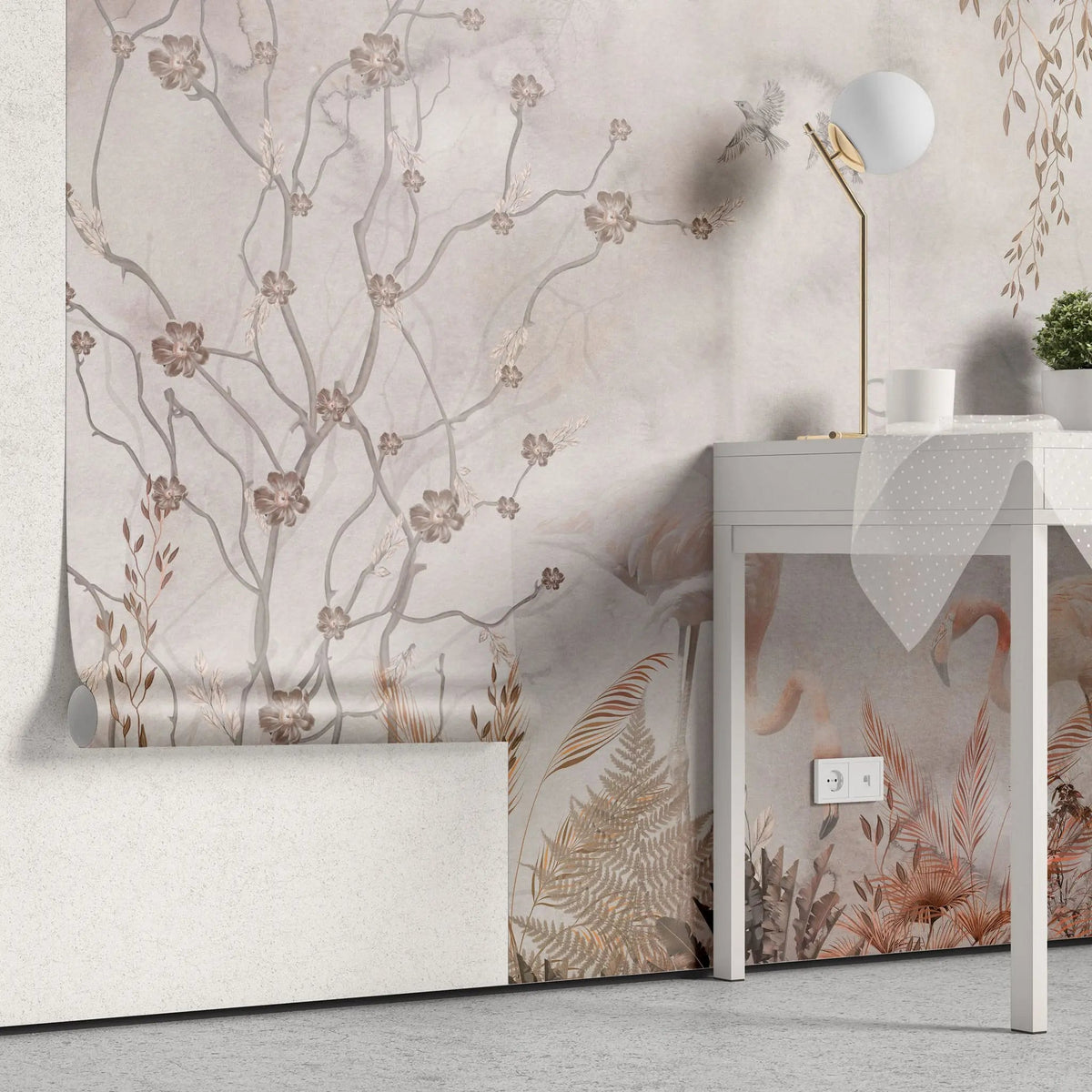 Tapet personalizat zen oriental in stil chinoiserie cu copaci infloriti si flamingo roz flamingo chinoiserie