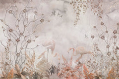 Tapet personalizat zen oriental in stil chinoiserie cu copaci infloriti si flamingo roz flamingo chinoiserie