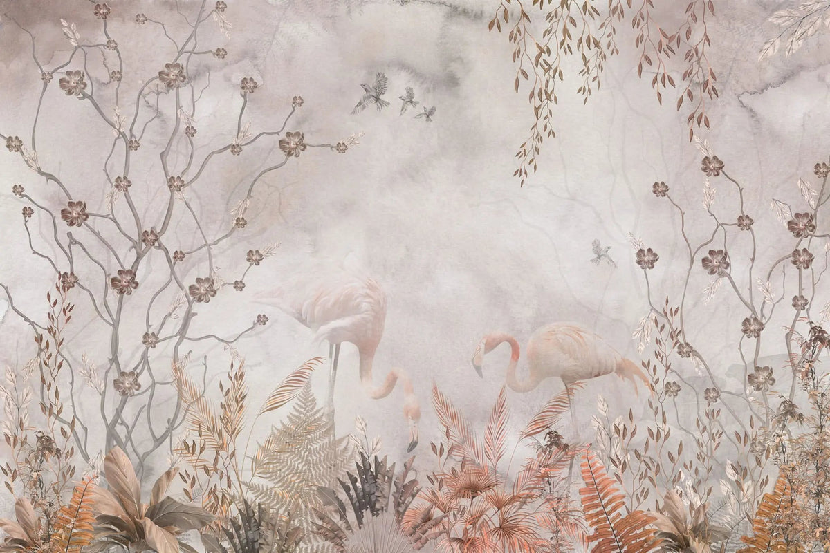 Tapet personalizat zen oriental in stil chinoiserie cu copaci infloriti si flamingo roz flamingo chinoiserie