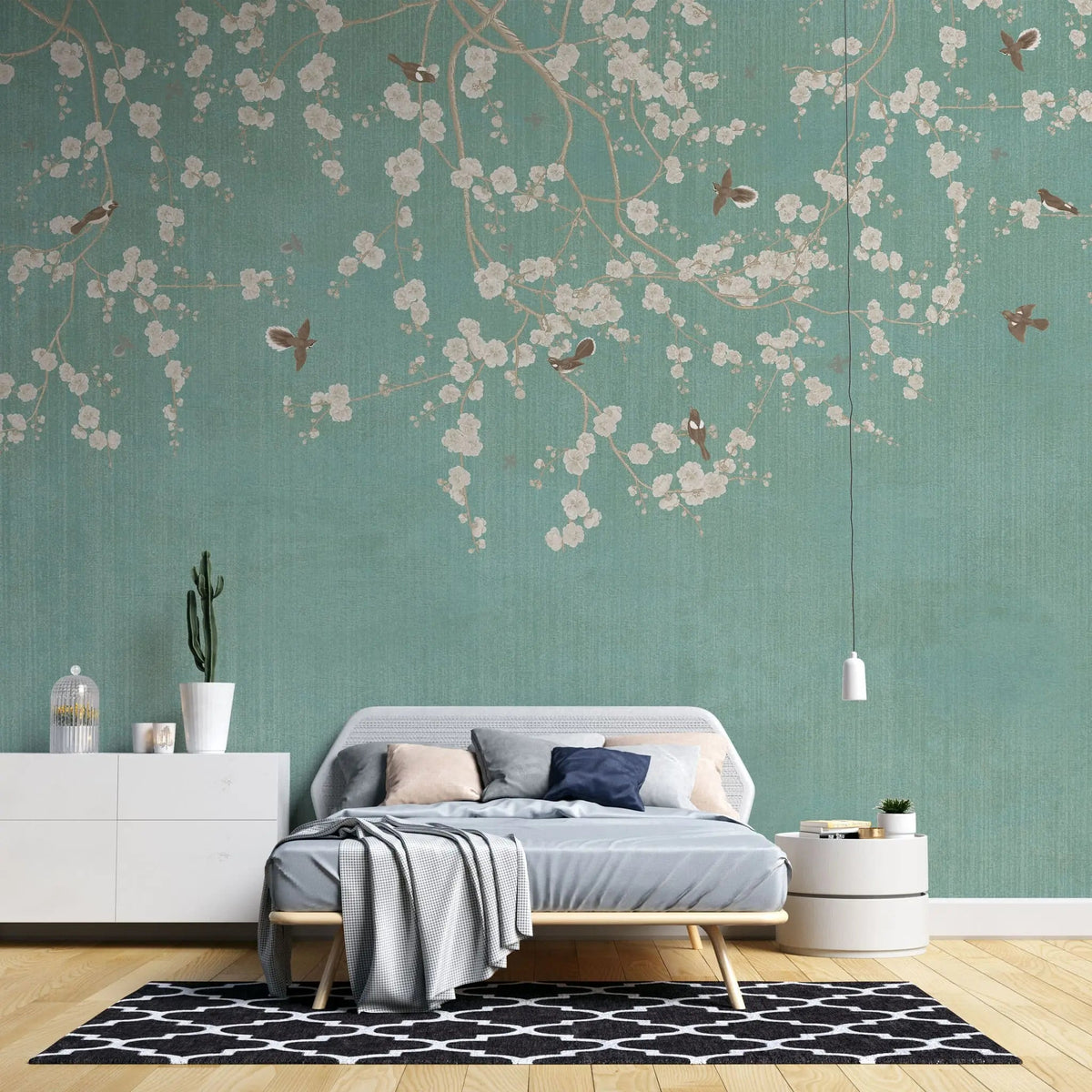 Tapet personalizat zen oriental in stil chinoiserie cu ramuri inflorite pe un fundal verde fistic pistachio chinoiserie