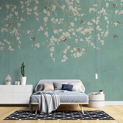 Tapet personalizat zen oriental in stil chinoiserie cu ramuri inflorite pe un fundal verde fistic pistachio chinoiserie