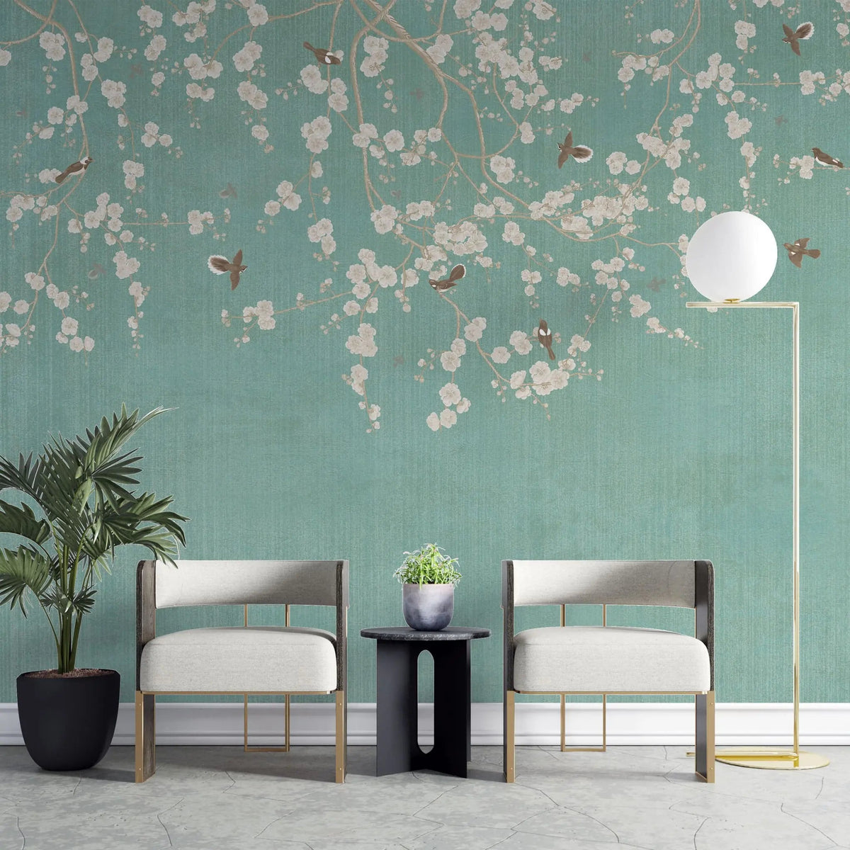 Tapet personalizat zen oriental in stil chinoiserie cu ramuri inflorite pe un fundal verde fistic pistachio chinoiserie