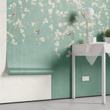 Tapet personalizat zen oriental in stil chinoiserie cu ramuri inflorite pe un fundal verde fistic pistachio chinoiserie
