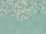 Tapet personalizat zen oriental in stil chinoiserie cu ramuri inflorite pe un fundal verde fistic pistachio chinoiserie