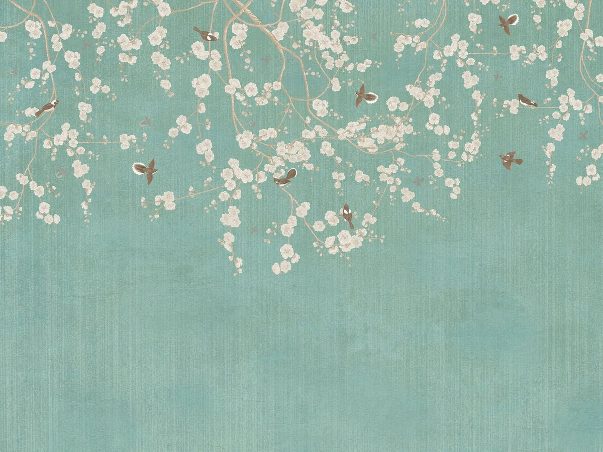 Tapet personalizat zen oriental in stil chinoiserie cu ramuri inflorite pe un fundal verde fistic pistachio chinoiserie