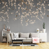 Fototapet personalizat zen oriental in stil chinoiserie cu ramuri inflorite pe un fundal gri degrade degrade chinoiserie