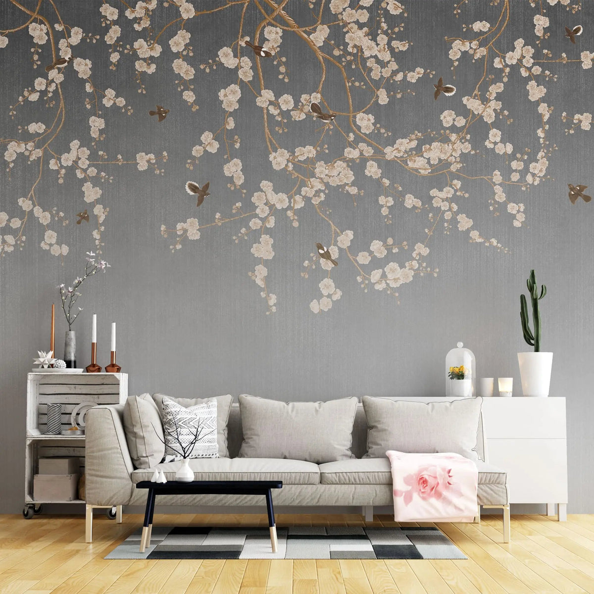 Fototapet personalizat zen oriental in stil chinoiserie cu ramuri inflorite pe un fundal gri degrade degrade chinoiserie