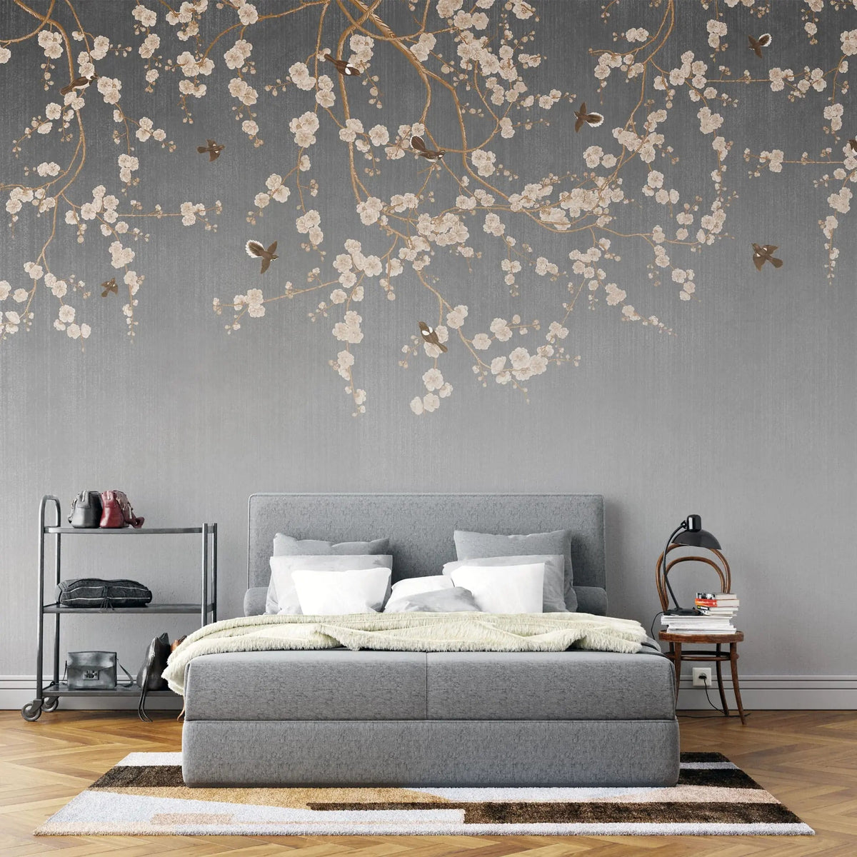 Fototapet personalizat zen oriental in stil chinoiserie cu ramuri inflorite pe un fundal gri degrade degrade chinoiserie