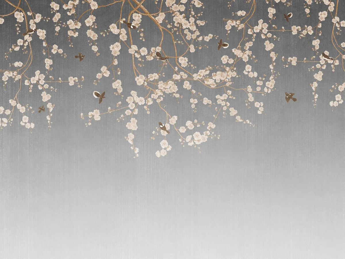 Fototapet personalizat zen oriental in stil chinoiserie cu ramuri inflorite pe un fundal gri degrade degrade chinoiserie