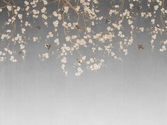 Fototapet personalizat zen oriental in stil chinoiserie cu ramuri inflorite pe un fundal gri degrade degrade chinoiserie