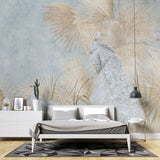 Tapet personalizat zen oriental cu pauni albi pe un fundal deschis visator dreamy peacock
