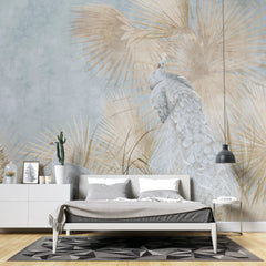 Tapet personalizat zen oriental cu pauni albi pe un fundal deschis visator dreamy peacock