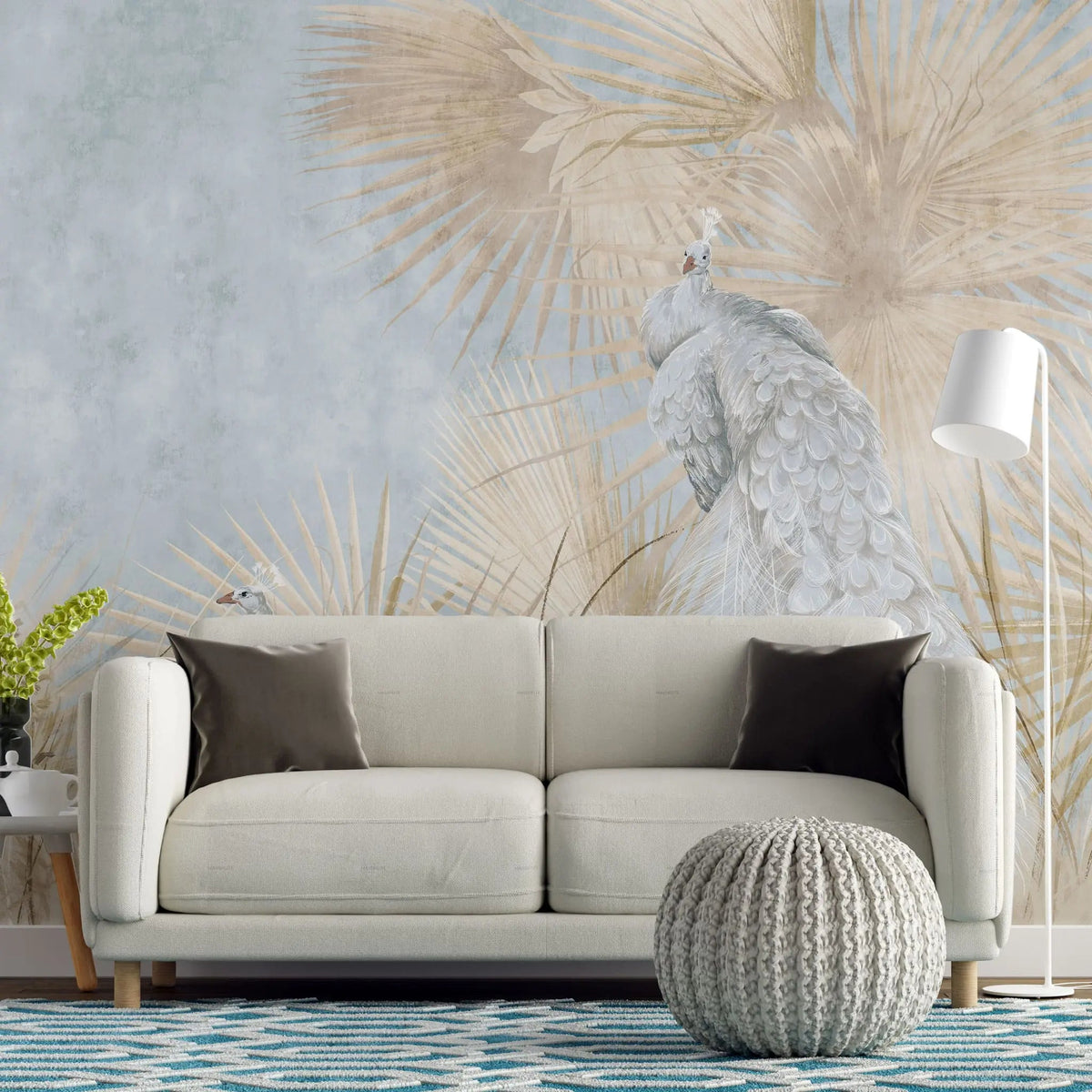 Tapet personalizat zen oriental cu pauni albi pe un fundal deschis visator dreamy peacock