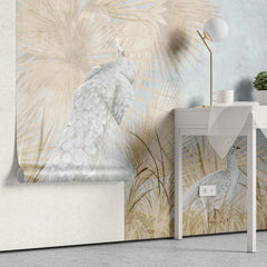 Tapet personalizat zen oriental cu pauni albi pe un fundal deschis visator dreamy peacock