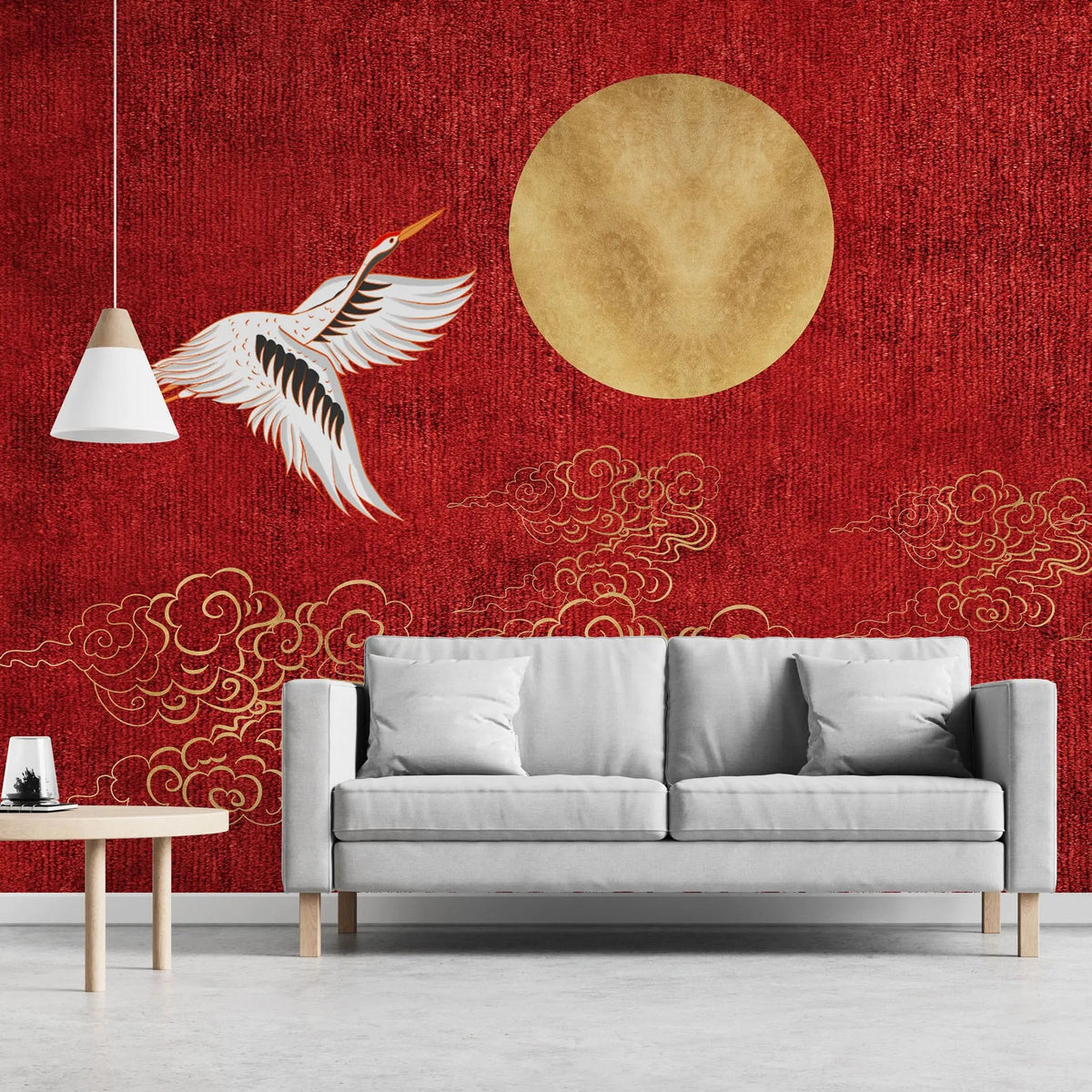 Tapet personalizat zen oriental in stil japonez pe un fundal rosu cu luna aurie si cocori golden japan